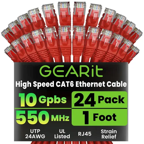 Vista 27 de GEARit Paquete de 24 cables Ethernet Cat6 de 0.5 pies Cable de conexión de red RJ45, conectores chapados en oro sin enganches de 10 Gbps, cable