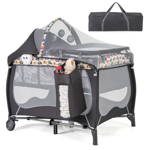 Vista 11 de HONEY JOY Pack and Play, centro de guardería plegable 4 en 1 con moisés infantil de tamaño completo y cambiador de pañales, cuna portátil para niños