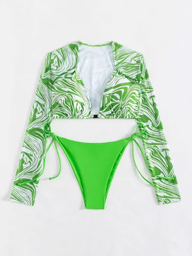 Vista 2 de MakeMeChic Traje de baño de dos piezas para mujer con estampado de manga larga