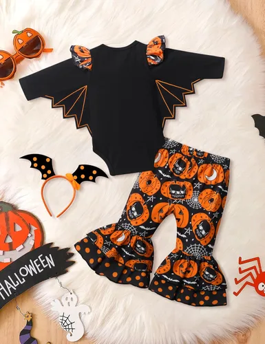 Vista 5 de MIGU My First Halloween Baby Girl Outfit Halloween Costumes Bat Ruffle Romper Tops + Pants 3pcs Halloween Infant Baby Clothes