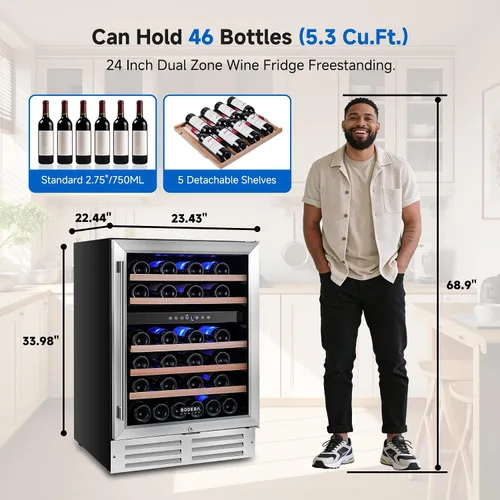 Vista 3 de BODEGA 24 Inch Dual Zone Wine Fridge, 41℉ to 72℉, Holds 46 Bottles