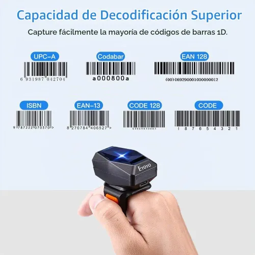 Vista 4 de Eyoyo portátil 1D Bluetooth portátil dedo anillo escáner de código de barras Bar Code Reader, 2.4GHz Wireless&USB Wired, Compatible with iPhone