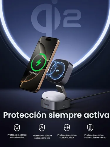 Vista 4 de UGREEN MagFlow Qi2 - Estación de carga plegable magnética, cargador inalámbrico rápido 2 en 1 compatible con iPhone 17/17 Air/17 Pro/17 Pro Max 16