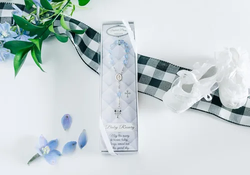 Vista 2 de Precious Pieces Rosario azul de plata de ley regalo de bautismo para bebés niños