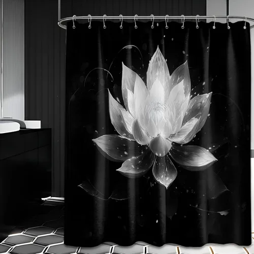 Vista 49 de Cortina de ducha con flores de loto negro y azul para decoración de baño, juego de cortinas decorativas de baño con estampado floral, tela
