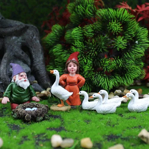Vista 2 de Accesorios de jardín de cuento de hadas, estatua de gnomo en miniatura y estatua de ganso blanco, 9 piezas, maceta y decoración del hogar Dx-01