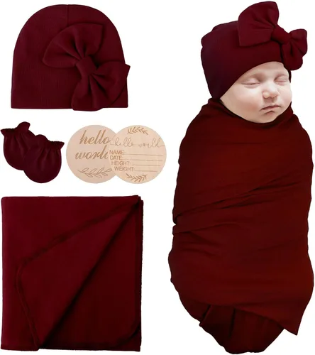 Vista 15 de AQOKKA Manta de Recepción para Recién Nacido con Gorro de Lazo Mitones Juego de Tarjetas de Madera para Recién Nacidos Niños Pequeños Bebé Niño Niña