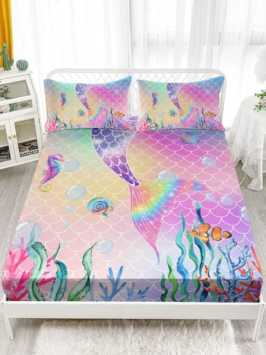 Vista 2 de Datura home Juego de sábanas de 4 piezas ajustadas y planas para niñas, cola de sirena rosa arcoíris impresa con 1 + 2 fundas de almohada