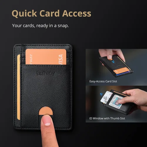 Vista 3 de Buffway - Billetera delgada minimalista de cuero con protección RFID para hombre y mujer, Lichee Negro