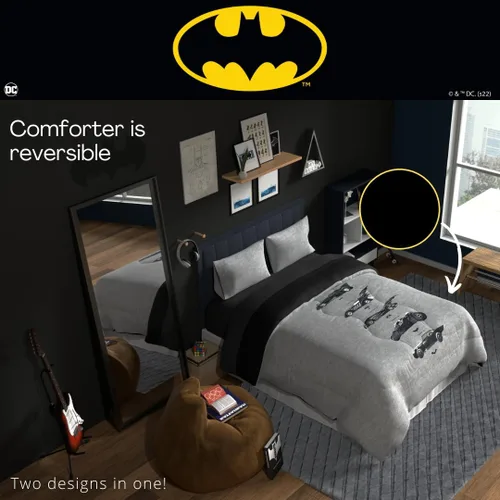 Vista 4 de Franco Collectibles Edredón reversible y súper suave de Batman de DC Comics, ropa de cama clásica de microfibra, tamaño reina