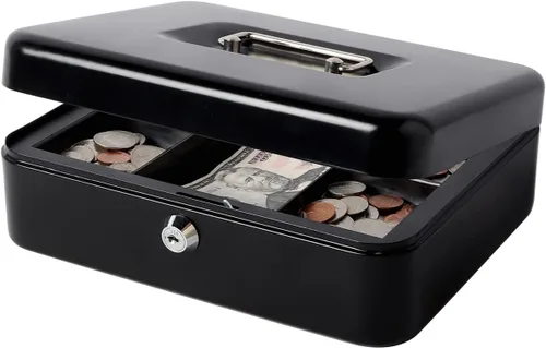 Vista 13 de Decaller - Caja de dinero pequeña con cerradura de llave, caja de dinero de metal portátil con doble capa y 2 llaves para seguridad, negro, 6 x 4