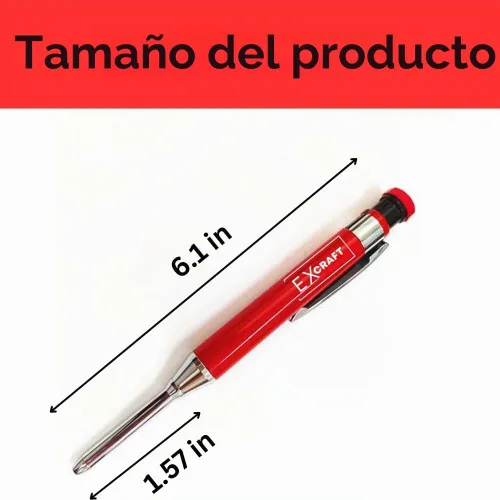 Vista 5 de Lápiz de carpintero mecánico de metal EXcraft rojo con agujero profundo con sacapuntas integrado para arquitecto, construcción, carpintería