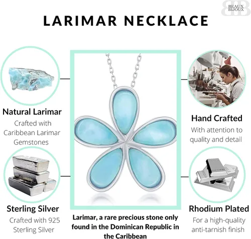 Vista 3 de Beaux Bijoux Colgante de plata de ley con piedra preciosa natural de larimar caribeña, con margaritas, 18 pulgadas, collar de joyería para mujeres