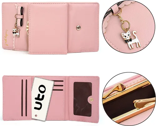 Vista 5 de UTO Cartera triple para mujer, lindo gatito con lazo, tarjetero pequeño