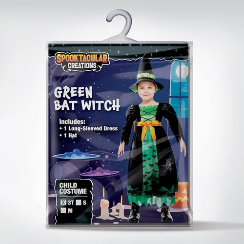 Vista 6 de Spooktacular Creations Disfraz de bruja verde para niñas disfraz de murciélago de bruja de cuento de hadas con sombrero disfraz de bruja malvada