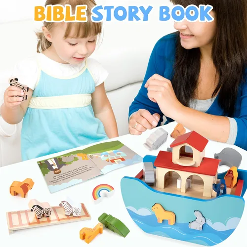 Vista 4 de JUSTWOOD Juego de Juguetes de Animales del Arca de Noé de Madera, Juguetes de Historia Bíblica Regalo de Bautismo para Niños y Niñas de 1+ Años