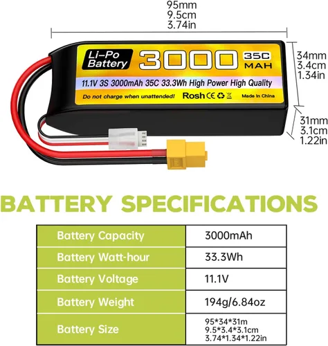 Vista 2 de 3S Lipo Batería 11.1 V 3000 mAh 35C con enchufe XT60 con cable de carga USB para RC Car Truck RC Barco Quadcopter FPV Drone