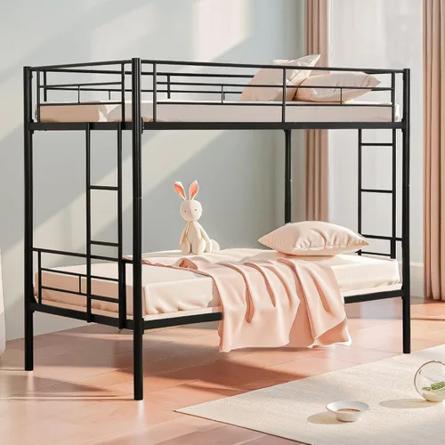 Vista 9 de HAUSHECK Literas individuales para 2 niños, litera individual sobre individual con dos escaleras laterales y barandillas de longitud completa