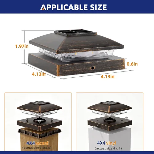 Vista 2 de APONUO Luces solares para postes de 4 x 4 – IP64 impermeable, blanco cálido, luces inalámbricas de valla y luces de cubierta para patios, jardines