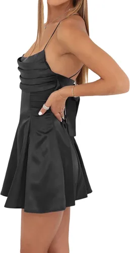 Vista 4 de Nyapruwe Vestido sexy sin mangas sin espalda de verano para mujer, con tirantes delgados, nudo en la espalda, acampanado, vestido de fiesta