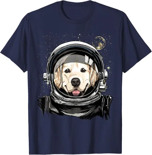 Vista 49 de Camiseta para amantes de los perros de los astronautas del espacio exterior Golden Retriever Lover, Negro