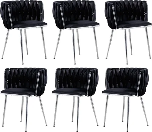 Vista 8 de Juego de 2 sillas de comedor de terciopelo, sillas laterales tapizadas tejidas con patas de metal negro, sillas decorativas modernas, sillas