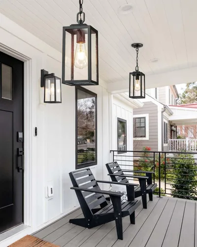 Vista 8 de VIANIS Luces colgantes al aire libre, lámparas colgantes exteriores para porche delantero, moderna iluminación exterior negra para patio con vidrio