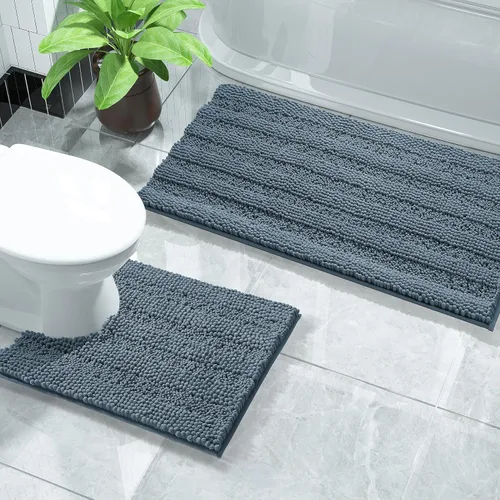 Vista 13 de Yimobra Juego de 2 alfombras de baño de felpilla suave y absorbente y alfombra para inodoro en forma de U, antideslizante, lavable a máquina