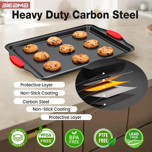 Vista 3 de BIEAMA - Juego de sartenes antiadherentes para hornear de 13 piezas Bandeja apilable de acero al carbono sin BPA, bandeja para galletas, pasteles