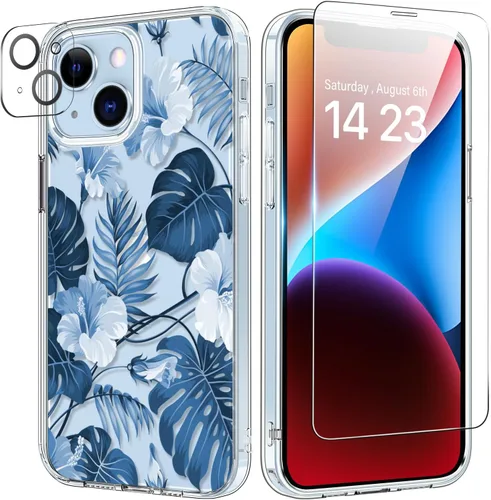 Vista 66 de bicol Funda para iPhone 14 Plus con Protector de Pantalla y Lente de Cámara - Diseños Florales de Moda para Mujeres y Niñas - Funda Transparente