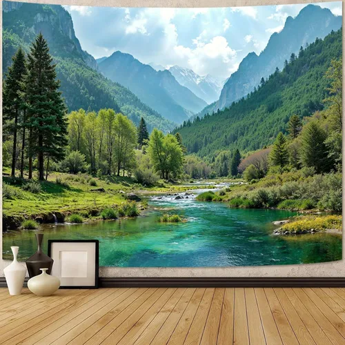 Vista 54 de Zussun Tapiz de Bosque Natural de Montaña Tapiz Verde de Pino Luz Solar Selva para Dormitorio Estético Planta Paisaje de Montaña Tapices Pequeños