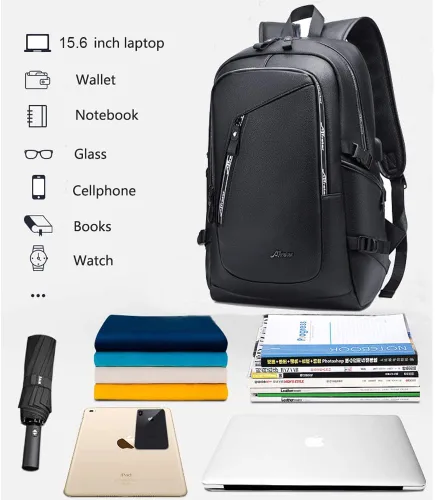 Vista 5 de DYJ Mochila de cuero vegano para laptop para mujeres y hombres, mochilas de viaje vintage de poliuretano con puerto de carga USB para laptop de 17