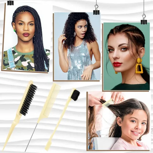Vista 7 de Geiserailie Juego de 3 cepillos para cabello peinado hacia atrás, cepillo de cerdas, control de bordes, peine para desenredar para cabello negro