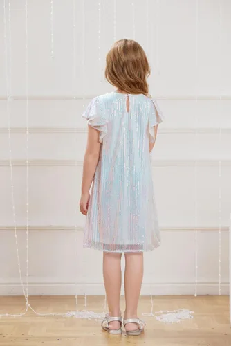 Vista 5 de GRACE KARIN Vestido de lentejuelas para niñas, manga corta, con vuelo, silueta acampanada, vestido midi con lazo para el pelo, 5-12 años