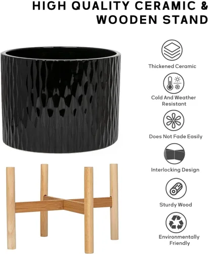 Vista 3 de LaDoVita Maceta de cerámica con soporte, maceta de 10 pulgadas con estante de madera, macetas redondas modernas para interiores con soporte