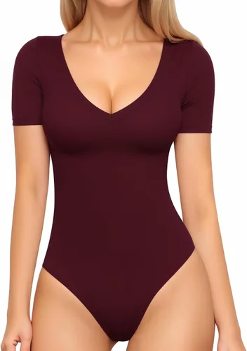 Vista 23 de MANGOPOP Body de manga larga y manga corta para mujer, cuello en V sexy, bodys ajustados para otoño, tops para salir 01-manga larga negro