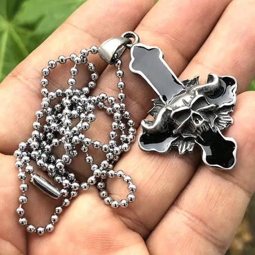 Vista 2 de Invertido al revés gótico Cruz Negra Baphomet Lucifer Cara del Diablo Cráneo Demonio Satánico Metal Pesado Punk Rock Biker Joyería Pewter Collar