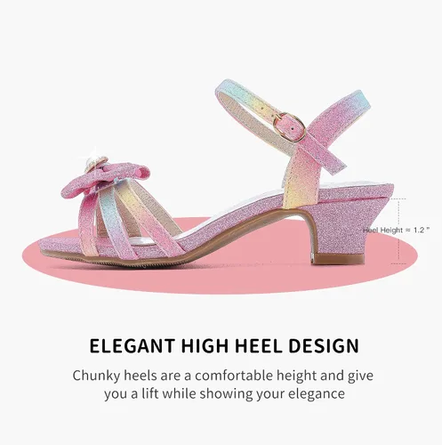 Vista 6 de LAURMOSA Sandalias para niñas, zapatos de vestir para fiesta de boda, puntera abierta, tacones altos con purpurina para niños pequeños y grandes