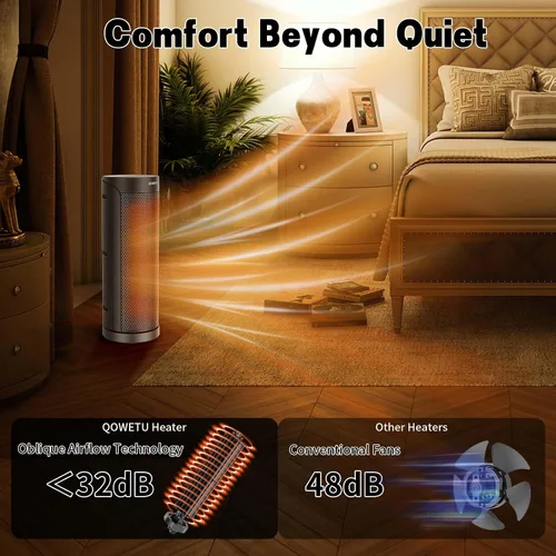Vista 5 de QOWETU - Calentador de espacio portátil para uso en interiores con control remoto, calentador eléctrico oscilante de 70°, 17 pulgadas, temporizador