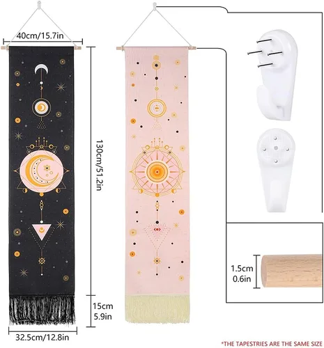 Vista 5 de Ochine Paquete de 2 tapices de fase lunar para colgar en la pared, tapices bohemios, fases blancas y negras, decoración del hogar para sala de estar