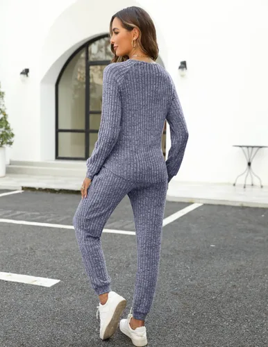 Vista 80 de Wiholl - Conjuntos de dos piezas para mujer: ropa cómoda con sudadera abotonada y pantalones deportivos con bolsillos