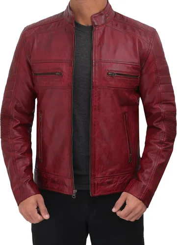 Vista 2 de Blingsoul Chaqueta de cuero para hombre Cafe Racer de cuero envejecido, chaqueta de motocicleta para hombre