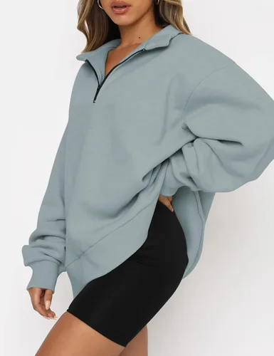 Vista 2 de AUTOMET Sudaderas de gran tamaño para mujer, sudaderas con capucha con cremallera de medio cuarto de largo, suéteres de manga larga