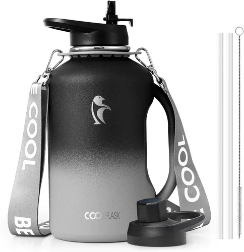 Vista 13 de Coolflask - Botella de agua aislada de 64 onzas, jarra de agua de medio galón con asa, popote de acero inoxidable, doble pared, de metal al vacío