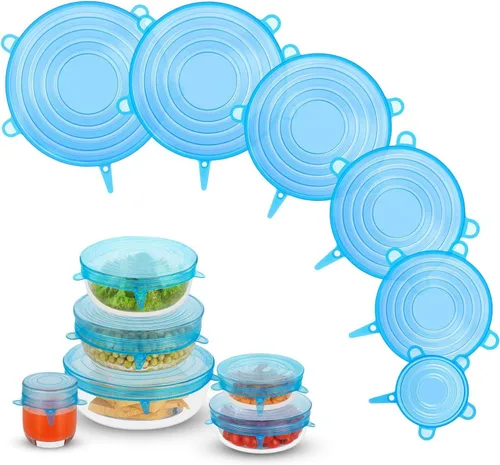 Vista 8 de Pequeñas tapas elásticas de silicona, 12 piezas de 2.6"/6.5cm, tapas de contenedor de silicona reutilizables sin desperdicio para tarros, cuencos