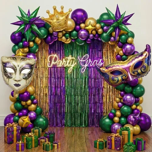 Vista 9 de Globos de Mardi Gras grandes de máscara de papel de aluminio para decoraciones de fiesta de Fat Tuesday divertidas y magníficas, suministros