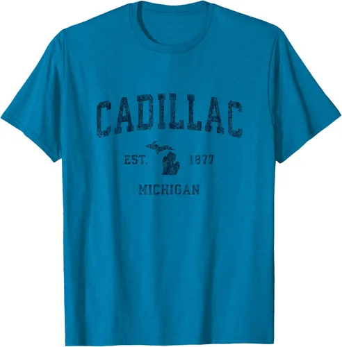 Vista 4 de Cadillac Michigan MI Vintage Sports Design Navy Print Camiseta