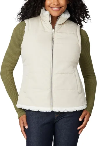 Vista 8 de Free Country Chaleco reversible acolchado de forro polar sherpa ligero con bolsillos con cremallera, chaleco de invierno para damas, aventura