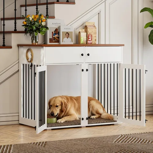 Vista 6 de Mueble de jaula para perros grande, perrera de interior de 41 pulgadas con divisor removible y puertas dobles, jaulas de madera para perros para 2