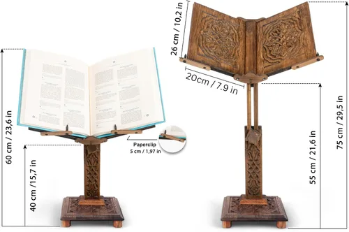Vista 8 de Soporte ajustable para libros de madera tallada Corán, atril de soporte de la Biblia Diccionario, Soporte para libros de cocina